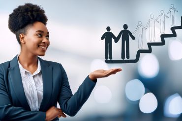 The background reinforces the focus on progress and potential. The manager guides the employee's career growth, represented by a ladder illustrating personal development and success.